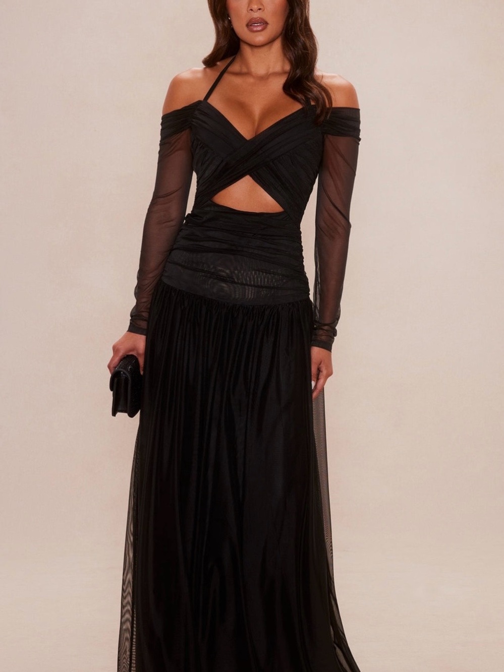 Black Off-Shoulder Mesh Evening Gown with Cutout